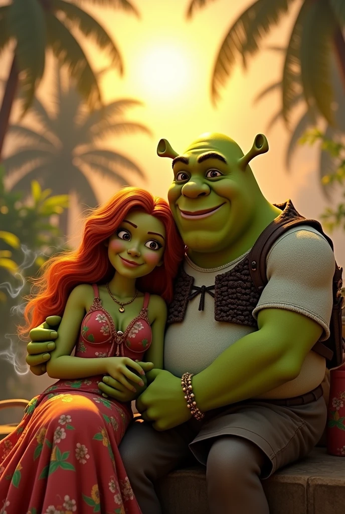 Make Fiona and Sherk in reggae colors smoking weed