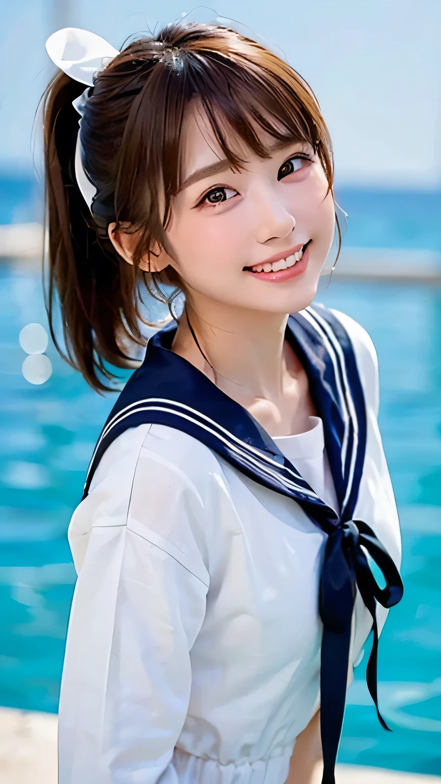 (Highest quality, DSLR, 8k, Top quality, High resolution, Top quality, Top resolution, Very beautiful woman, Perfect anatomy), Light brown eyes, Very light brown eyes, Small diamond-shaped earrings, Looking directly at the camera, Beautiful brown hair, ((Baby face, loose and cute medium ponytail)), Very short and beautiful bangs with brown hair, E-cup bust, Not showing décolletage, Very beautiful 20-year-old, Lip gloss, Smiling very happily, Very cute smile, Upper teeth, Beautiful teeth, (Random summer sea or pool horizon (background only), Slightly larger eyes, Small face, Tall supermodel, Beautifully toned model, Random cute poses, Dynamic angle, Eye focus, Head tilt, Very detailed and realistic, Very beautiful 20-year-old, ((Medium Shot)), Sharp jawline, ((White-based sailor suit, Navy or black ribbon)), Deep waistline, Sexy legs, Side view, Smiling very happily, Laughing, Summer noon