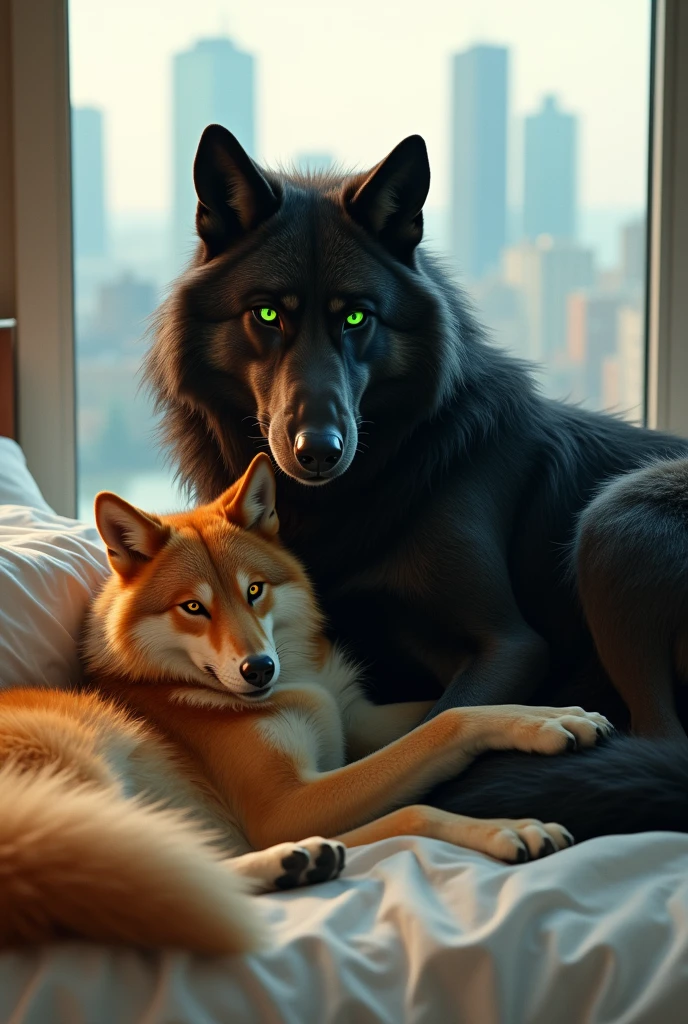 Couple of beautiful wolves, a big one with black fur, green eyes and a big alpha (Wolf man, werewolf,big beautiful wolf) and her companion, a strawberry-blonde wolf with amber eyes and a white tail on the tip (a beautiful woman with strawberry blonde hair and amber eyes )in a bed the pregnant wolf is lying next to the wolf playing so happily , wolf is angry they are playing in a city with a crystal clear background