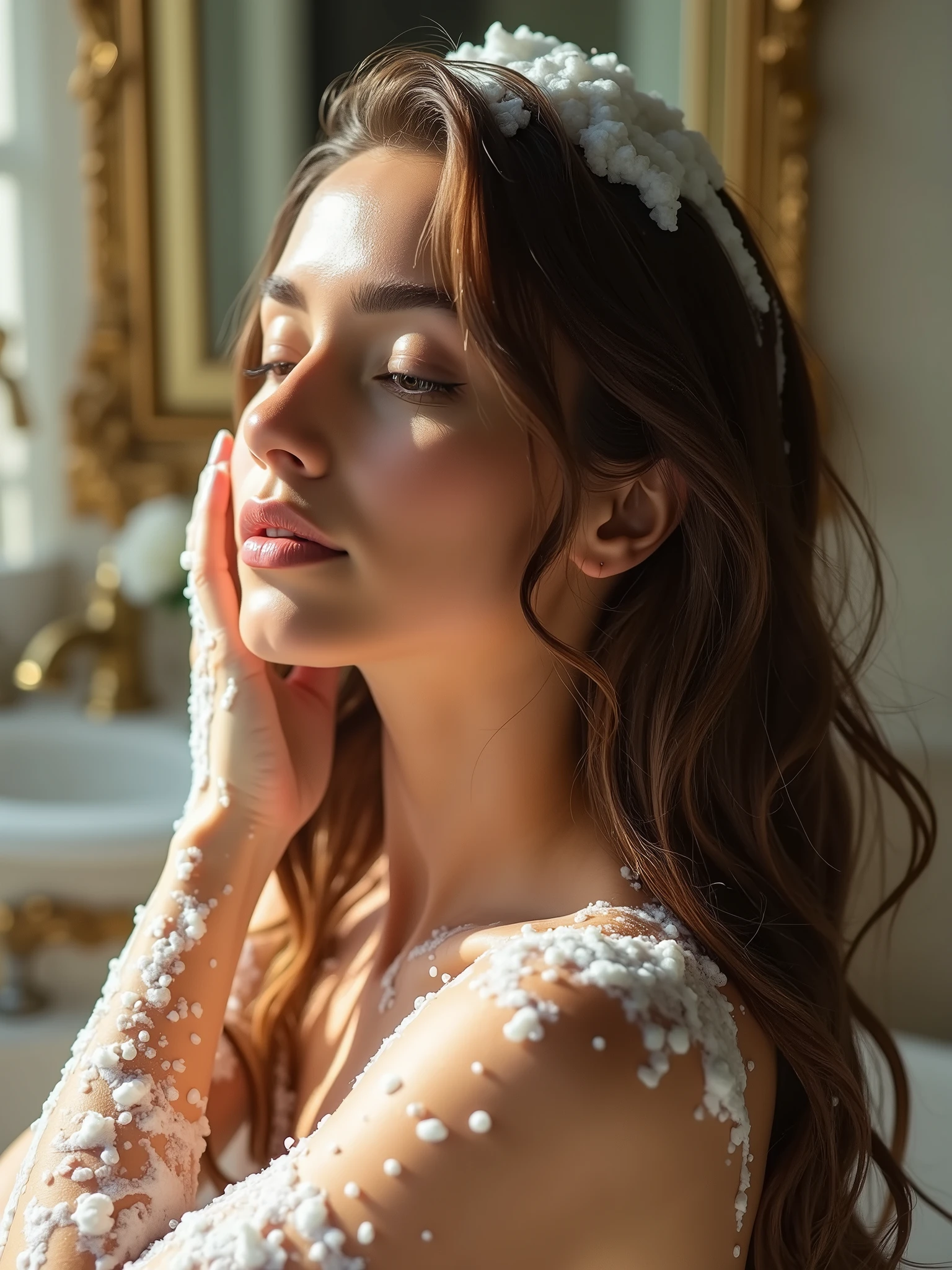 Close-up of beautiful woman washing her hair with shampoo, in a bathroom, decor, Ultra realistic image, Perfect quality, super detailed skin