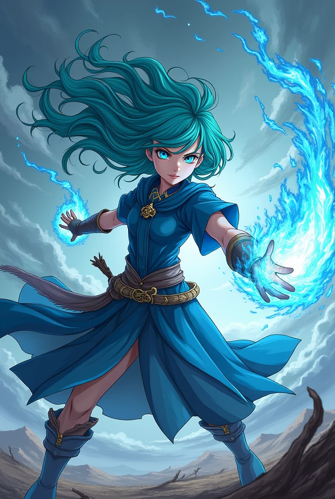 mage girl, wind magic, turquoise hair, blue eyes, fighting stance, sky background, lots of wind, dark tones, line art, artwork