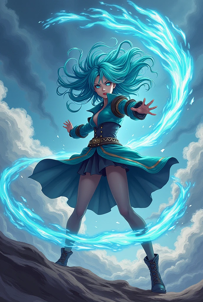 mage girl, wind magic, turquoise hair, blue eyes, fighting stance, sky background, lots of wind, dark tones, line art, artwork