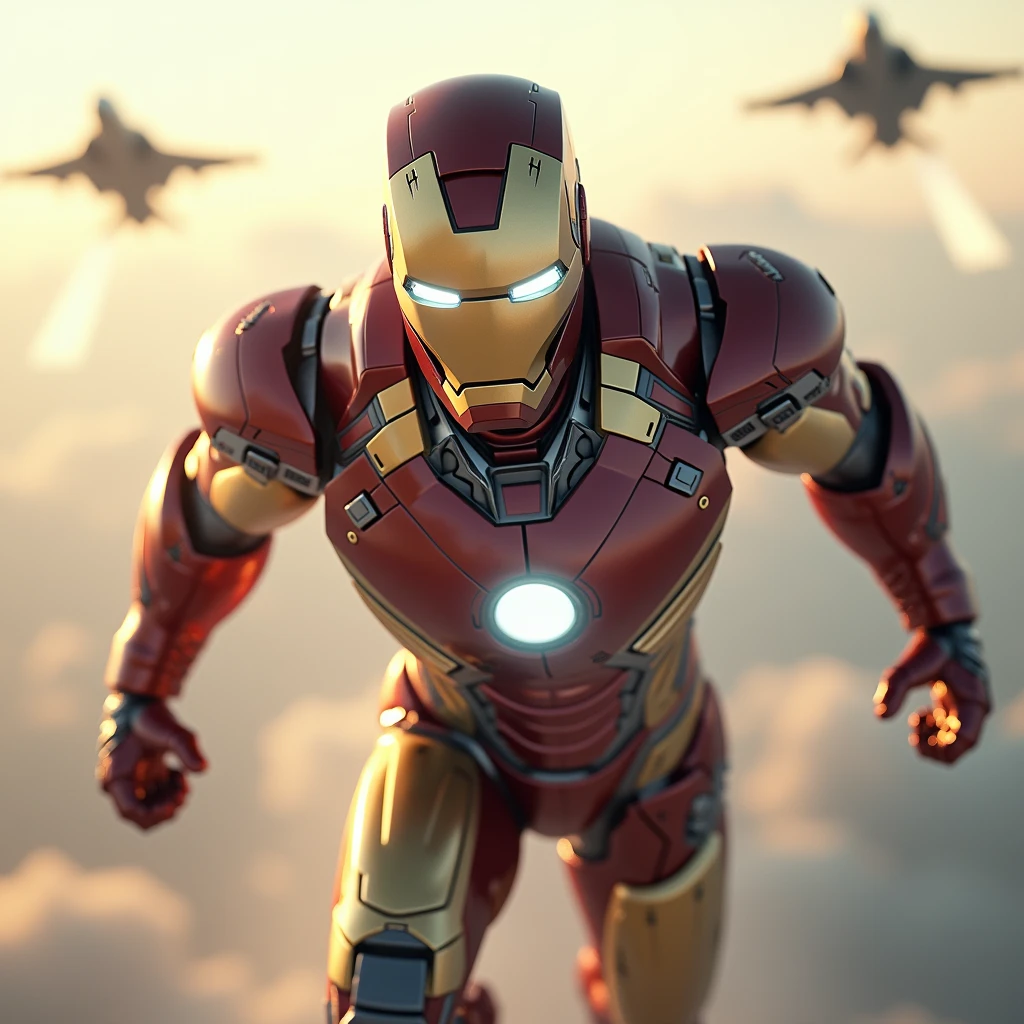 (photorealism:1.2), Iron Man, flying in air, wearing his suit, outdoors, soft lighting, fighter jets in background, in sunny day, flying pose, realistic, intricate details, warm colors