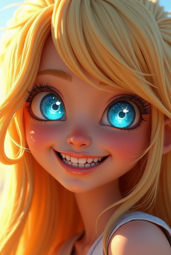 Female (the Sims style), long blonde spiky hair, blue eyes shining in the sun, closeup