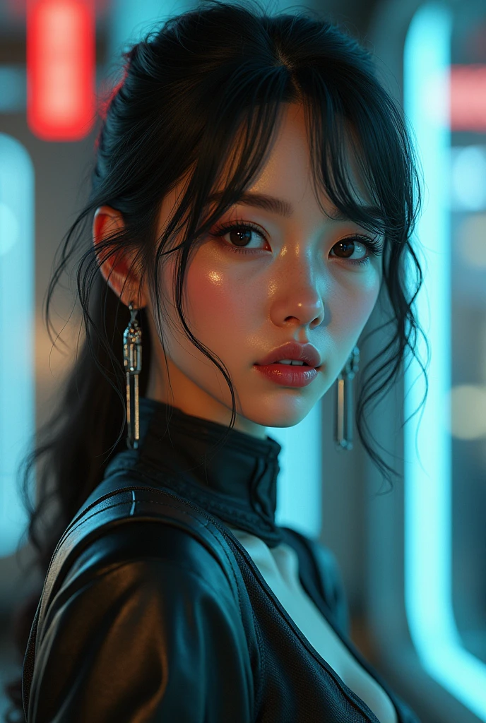 Woman round face hyperrealistic details medium mouth cupid's bow fair skin wavy hair medium height 1.57 cyberpunk general outfit