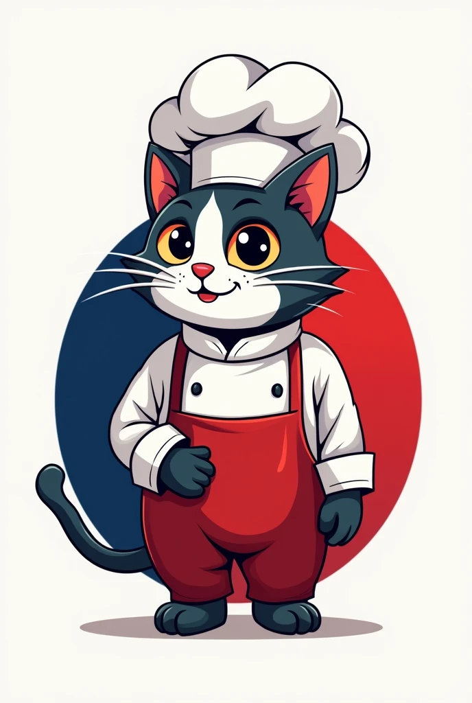 Create a logo with a chef cat with the colors of the Chilean flag, that the name is Gourmet Cat