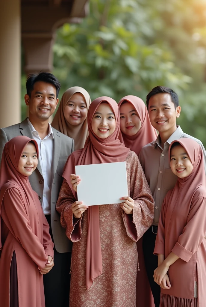 Family photo of a girl graduating wearing a kebaya and hijab, carrying a diploma in her hand and wearing a toga, there are 3 men, namely father, Brother, and a brother, and there are 3 women, namely mothers who wear the hijab , Sister who wears hijab, and has a younger sister who is .