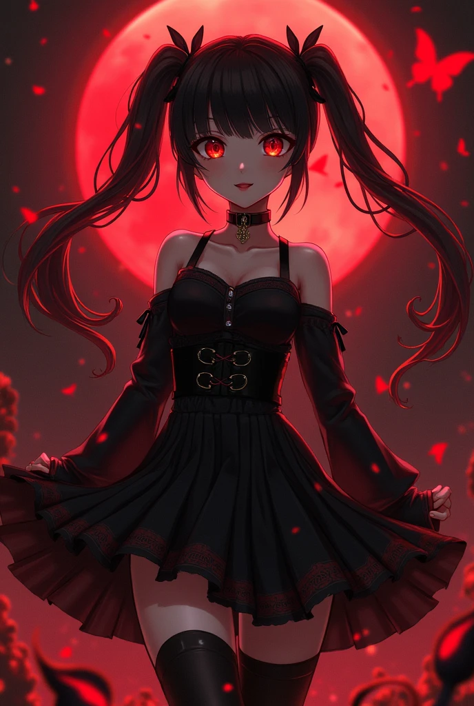 Upper body promotional artwork, alone, One girl, bangs, Black Hair, (Two Side Up Hair), black eyes with dark circles, eye shadow, compensate, smile, Yandere, skinny, Exposing shoulders, No sleeve, clavicle, Small , Black choker, strap, Pleated black dress, belt, gloves, boots, Gothic Fashion, Thick thighs, Action pose, Dynamic pose, Flaming butterfFascinating, whole body, feet, feet, so beautiful, Depths of Hell, Fantaamazing, Very detailed, Black and Red Theme, Fire light, night, dark, Solighting, Fire Particles, full moon, Blood Moon,latex,s face(eyes in shadow),evil grin,evil smile,
