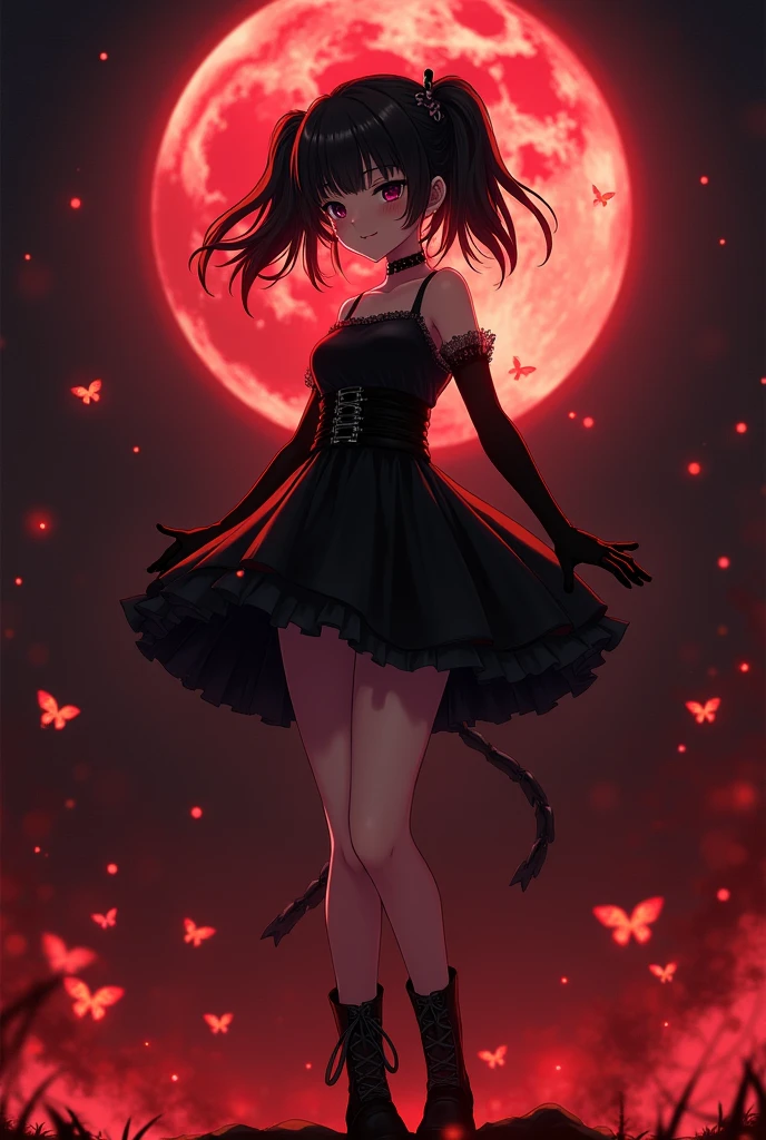 Upper body promotional artwork, alone, One girl, bangs, Black Hair, (Two Side Up Hair), black eyes with dark circles, eye shadow, compensate, smile, Yandere, skinny, Exposing shoulders, No sleeve, clavicle, Small breasts, Black choker, strap, Pleated black dress, belt, gloves, boots, Gothic Fashion, Thick thighs, Action pose, Dynamic pose, Flaming butterfly, Fascinating, whole body, feet, feet, so beautiful, Depths of Hell, Fantasy, amazing, Very detailed, Black and Red Theme, Fire light, night, dark, Soft lighting, Fire Particles, full moon, Blood Moon,latex,shaded  face(eyes in shadow),evil grin,evil smile,