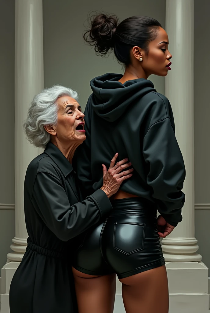 black woman hair in a bun black hoodie black leather short shorts rea;;y in shock as a old grandma in a dress on her knees kissing her ass behind her hand is in her ass holding her ass
