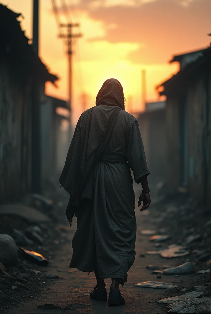 Create an image of a beggar in ragged clothes seen from behind, walking into a poor neighborhood, Dark and blurry during sunrise or sunset, symbolizing a new beginning. The scene should convey an atmosphere of hope, with sunlight filtering weakly through the houses, suggesting flashes of optimism in the midst of adversity. The man&#39;s figure should be slightly out of focus, maintaining their anonymity and depicting themes of loss and personal search. Use a melancholic color palette, but includes touches of warm light to highlight hope.