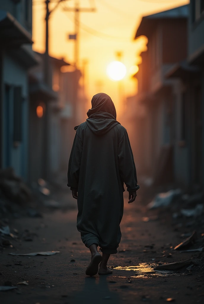 Create an image of a beggar in ragged clothes seen from behind, walking into a poor neighborhood, Dark and blurry during sunrise or sunset, symbolizing a new beginning. The scene should convey an atmosphere of hope, with sunlight filtering weakly through the houses, suggesting flashes of optimism in the midst of adversity. The man's figure should be slightly out of focus, maintaining their anonymity and depicting themes of loss and personal search. Use a melancholic color palette, but includes touches of warm light to highlight hope.