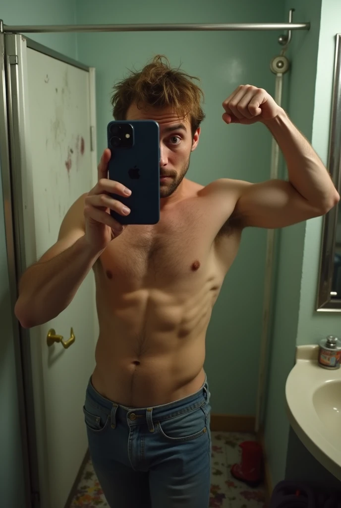 photorealistic, phone camera, mirror stains, bathroom body show, mildly athletic man, chest body hair, messy bathroom, short brown hair, face covered by cellphone, wearing underpants and jeans, naked torso, flexing pose