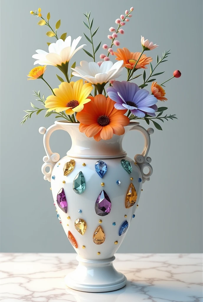 a white vase studded with various colored precious stones and inside the vase many delicate flowers of various species in 3D format with the colors, white, lilac, cerulean. Yellow. vermelha, orange