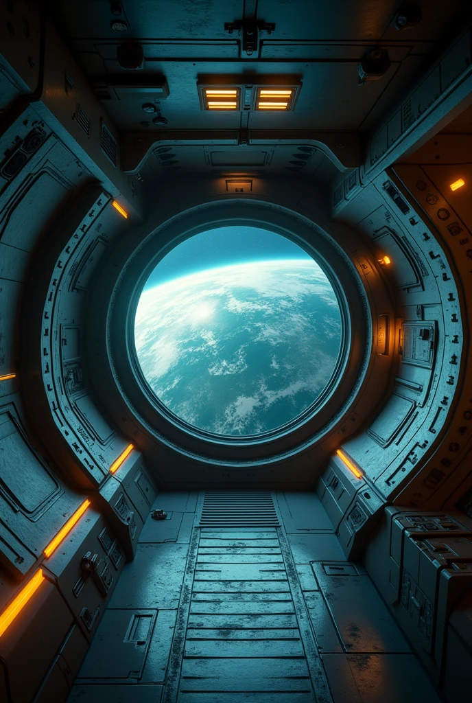 Spaceship internally, escape pod with view of planet earth low lighting