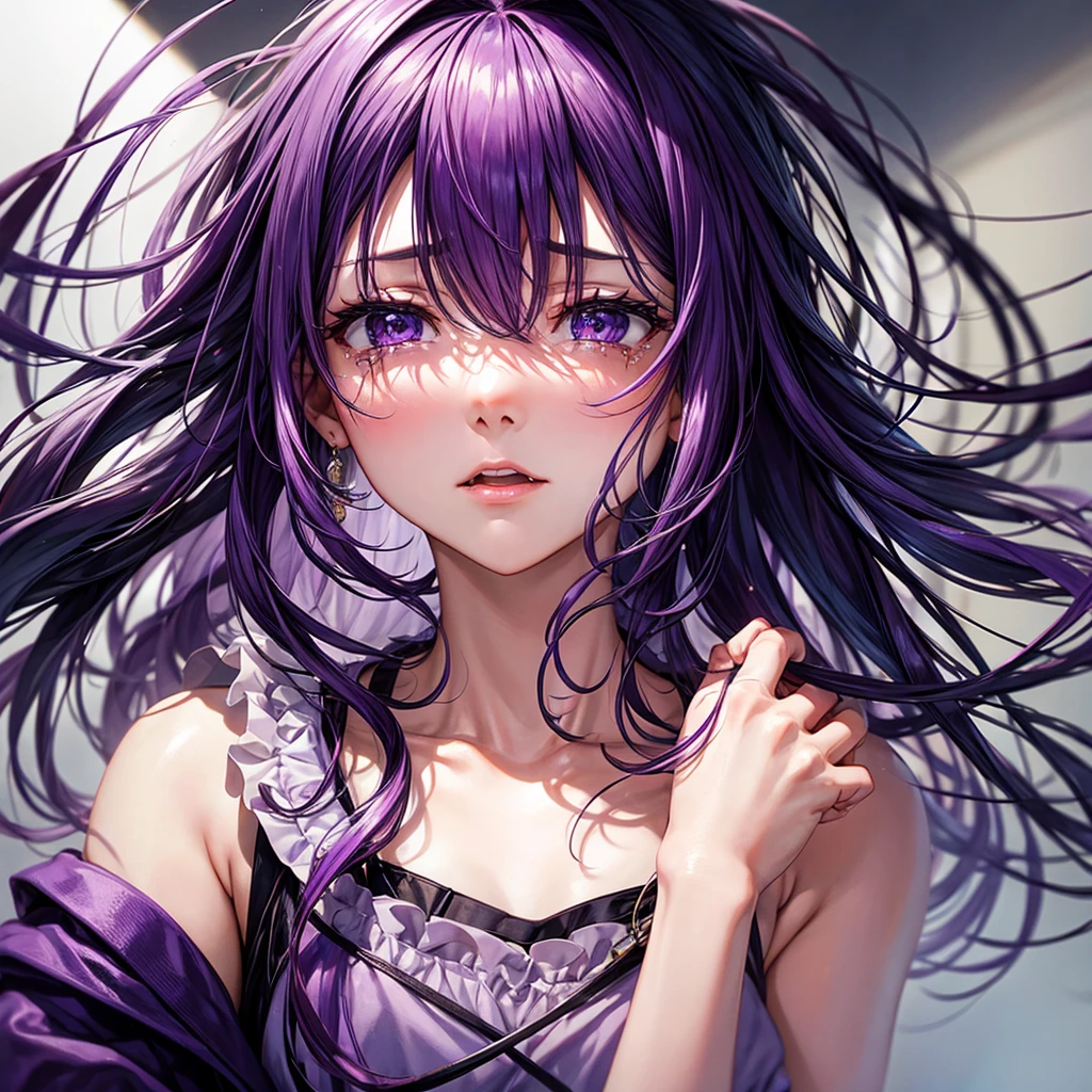 Purple haired crying in front of you