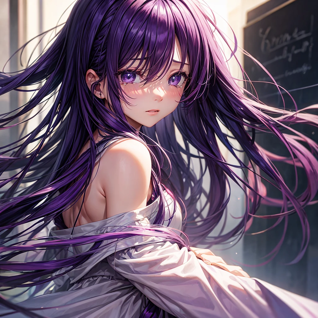 Purple haired crying in front of you