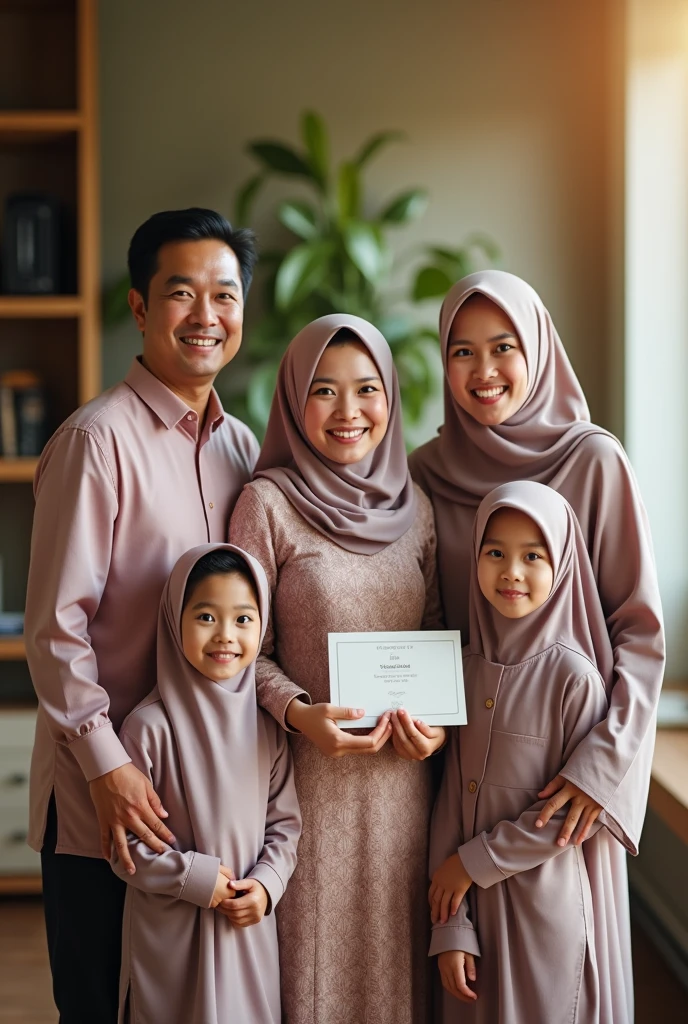 Family photo of a girl graduating wearing a kebaya and hijab, carrying a diploma in her hand and wearing a toga, there are 3 men, namely father, Brother, and a little brother, and there are 3 women, namely mothers who wear the hijab , Sister who wears hijab, and has a younger sister who is .