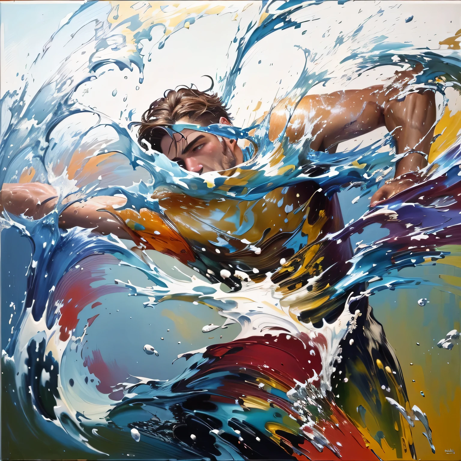 Painting of a man swimming in the freestyle, View from the front, one arm in front and the other behind, Impasto oil painting, painting of Splashing water, brushstroke oil painting, inspired von Willi Sitte, Dough-Malerei, Splashing water, powerful painting, Face of Lukas Mertens
