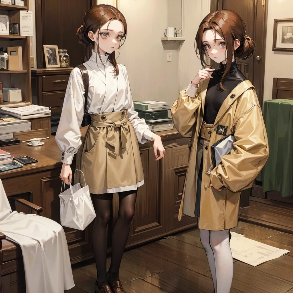 HunterxHunter. the girl is . Pale skin, thick brown hair, gray eyes, small stature. Classic style of clothing. Brown cardi