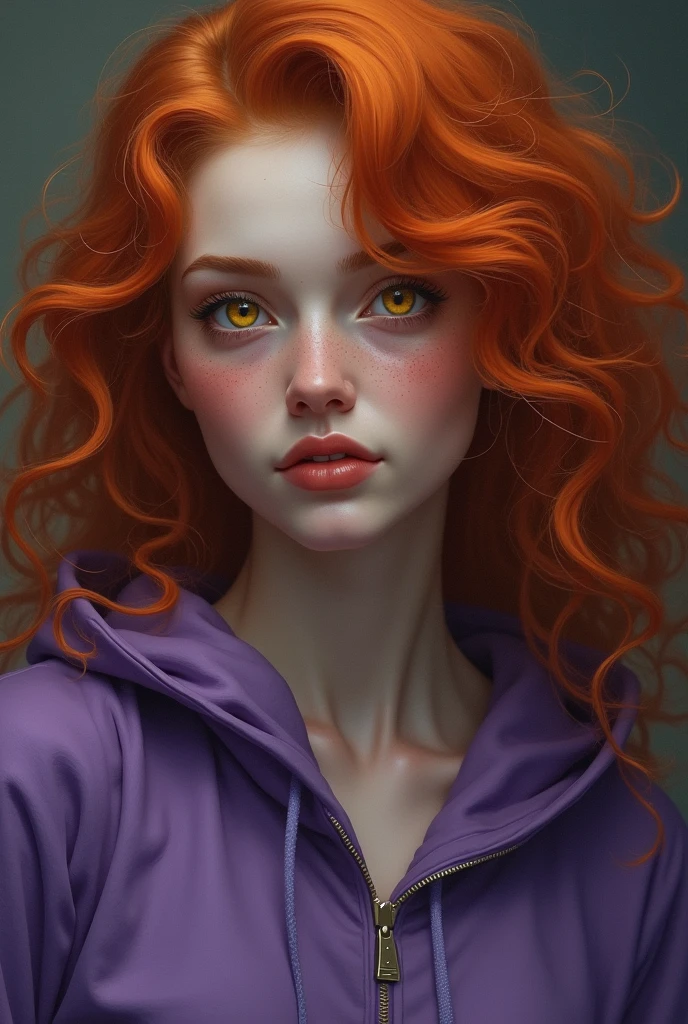 A beautiful woman with curly orange hair, yellow eyes, freckles on her skin, wearing a purple
hoodie