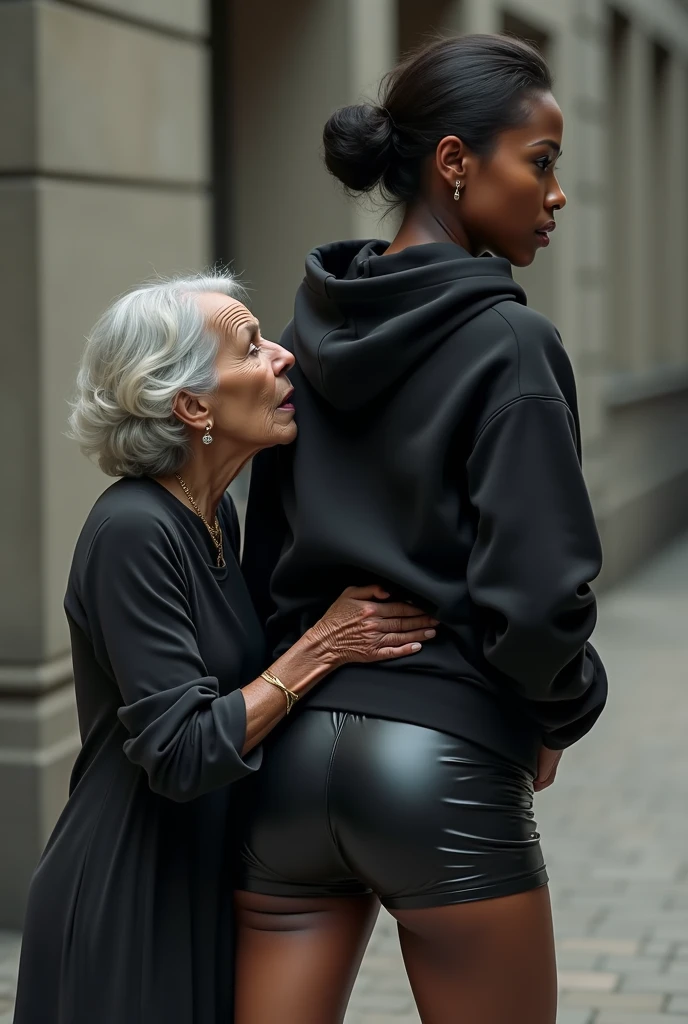 black woman hair in a bun black hoodie black leather short shorts rea;;y in shock as a old grandma in a dress on her knees kissing her ass behind her hand is in her ass holding her ass
