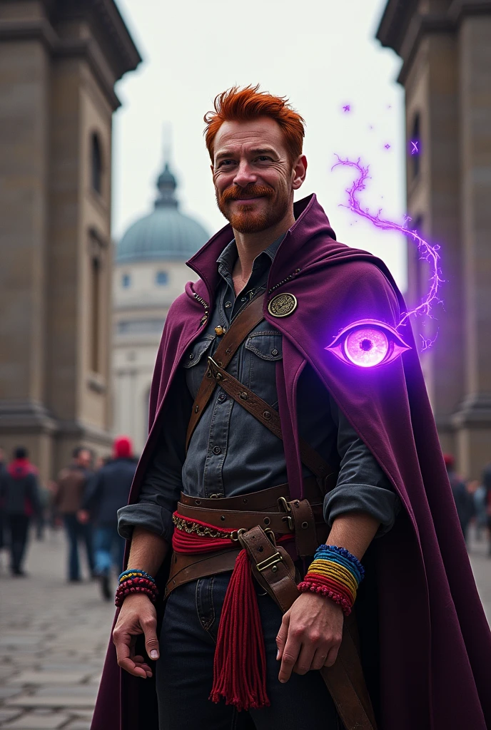 A middle aged magician with children bracelets on his wrists. He has short red hair and a big handlebar mustache with no beard at all. He wear a old used cape closed to hide his adventurer clothes and a floating purple ethereal eye is floating near him. The picture is taken from afar and the man is standing next to the city gates. The man has a smile on his face, he looks kind