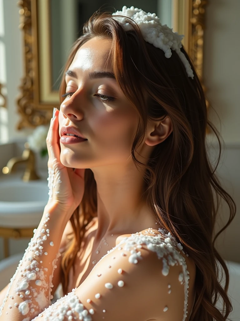 Close-up of beautiful woman washing her hair with shampoo, in a bathroom, decor, Ultra realistic image, Perfect quality, super detailed skin