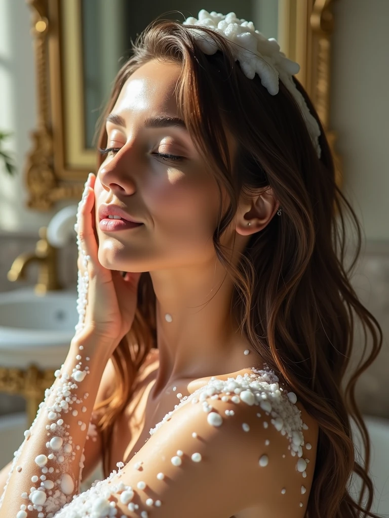 Close-up of beautiful woman washing her hair with shampoo, in a bathroom, decor, Ultra realistic image, Perfect quality, super detailed skin
