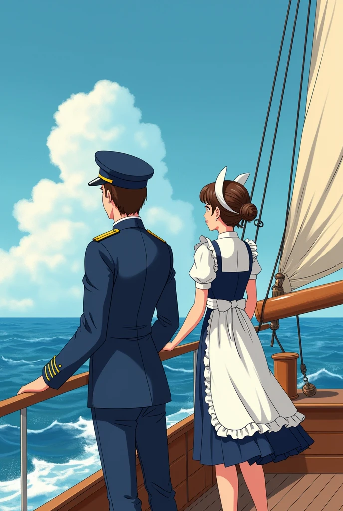 A male captain and a waitress wearing an apron in old-fashioned attire are sitting on a sailboat with waves and the sky in the background. They are both turned away, looking out into the distance. cartoon