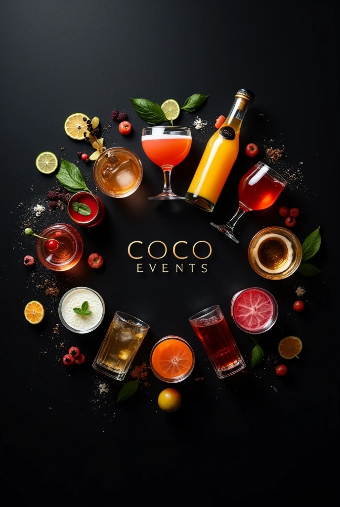 Generate a business card for me that says Coco Events with a background that presents different drinks and behind those drinks the background is black.
