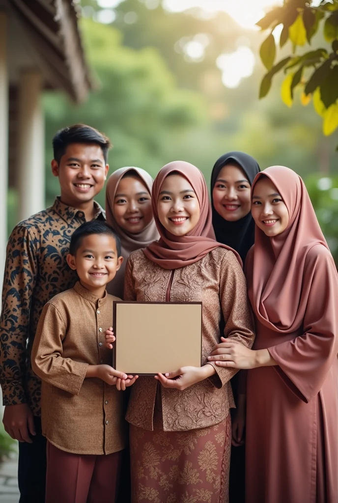 Family photo of a girl graduating wearing a kebaya and hijab, carrying a diploma in her hand and wearing a toga, there are 3 men, namely father, Brother, and a   brother, and there are 3 women, namely mothers who wear the hijab , Sister who wears hijab, and has a younger sister who is .