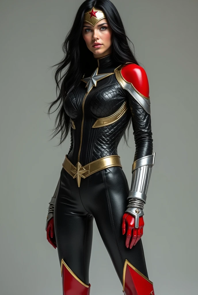 A beautiful American woman with light eyes and long black hair wearing a black leather jumpsuit with tiny scales, red boots with gold trim and white stripe down the middle, long silver metal bracelets fitted to her wrists, black corset over the jumpsuit, silver metal diaema with a red star on her front, jumpsuit with many tiny little stars on the jumpsuit