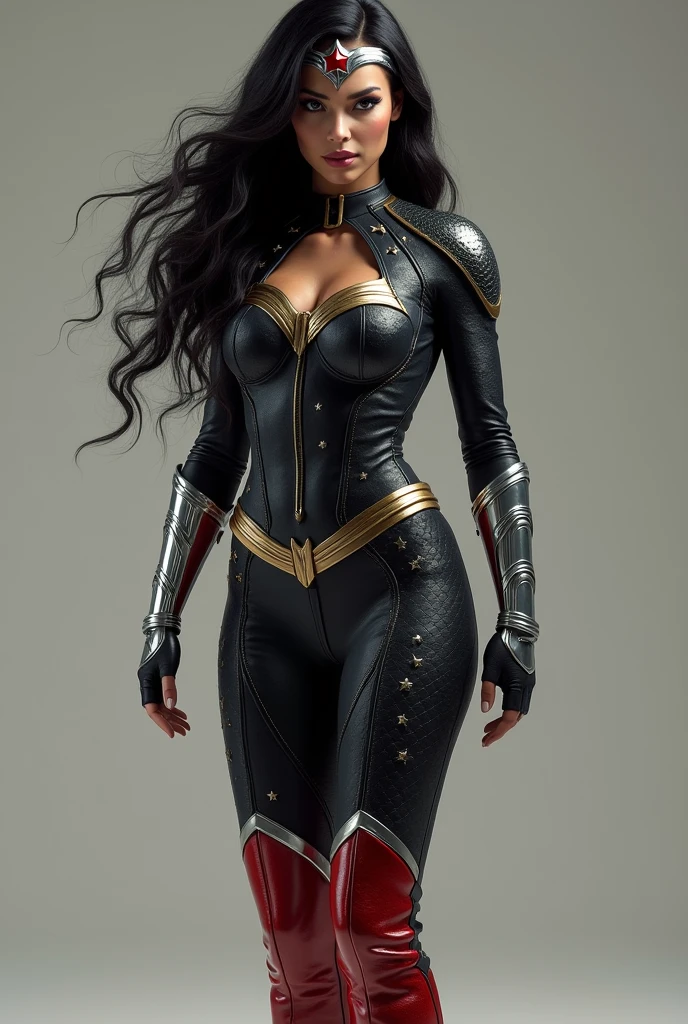 A beautiful American woman with light eyes and long black hair wearing a black leather jumpsuit with tiny scales, red boots with gold trim and white stripe down the middle, long silver metal bracelets fitted to her wrists, black corset over the jumpsuit, silver metal diaema with a red star on her front, jumpsuit with many tiny little stars on the jumpsuit 