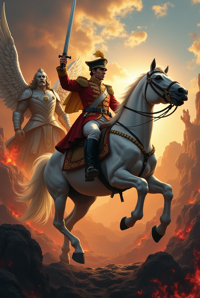 Bolivar on his white horse with his military uniform of the time and his sword next to Saint Michael the Archangel battling against demons that rise from hell with the flag of Venezuela in the sky in the background