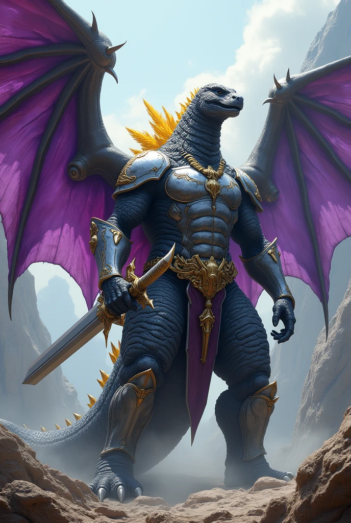 Godzilla with huge purple wings yellow feathers with silver armor, lilac armor, bronze belt, holding sword and shield