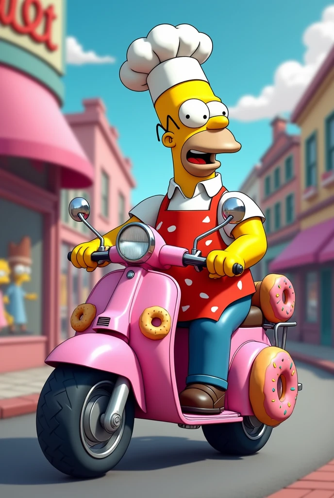 Homer Simpson dressed as a chef on a pink donut delivery motorcycle