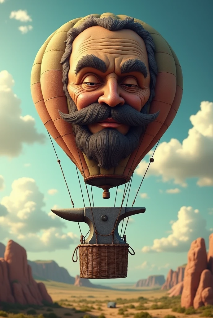 A balloon with blacksmith's face lifting a anvil, 8K, High Quality
