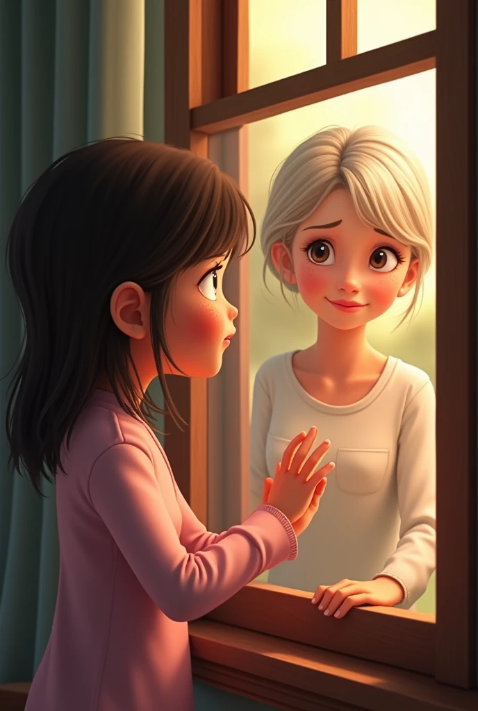 CRYING GIRL LOOKING AT HER MOTHER THROUGH THE WINDOW (cheered up)