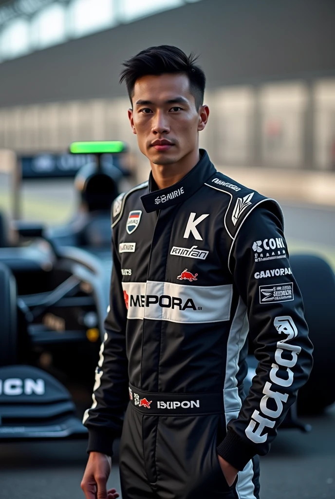Filipino f1 driver wearing black and white tracksuit with chrome logo as sponsor with a large “K” on the suit (no helmet) with f1 car on the background