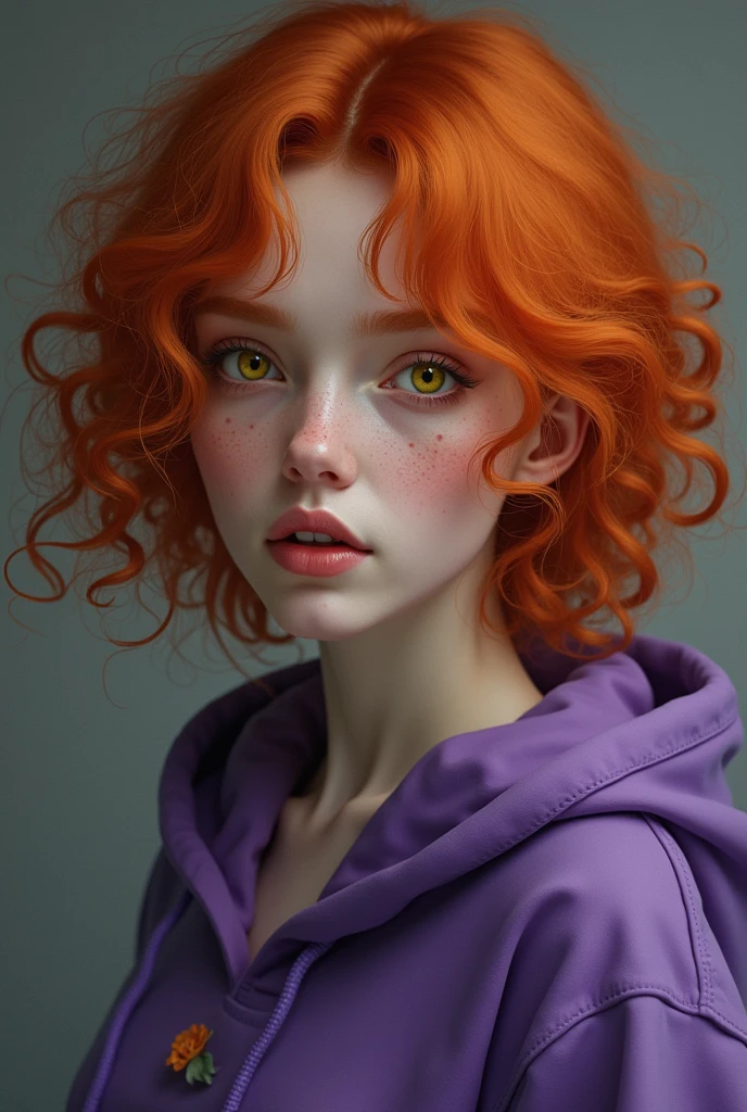 A beautiful woman with curly orange hair, yellow eyes, freckles on her skin, wearing a purple
 hoodie  
