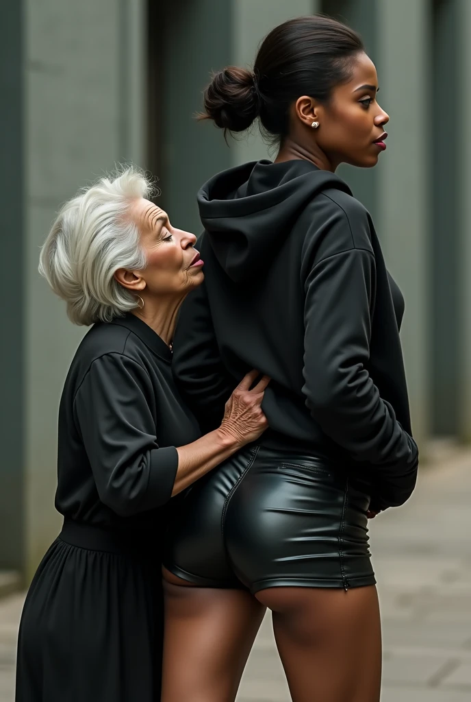 black woman hair in a bun black hoodie black leather short shorts rea;;y in shock as a old grandma in a dress on her knees kissing her ass behind her hand is in her ass holding her ass