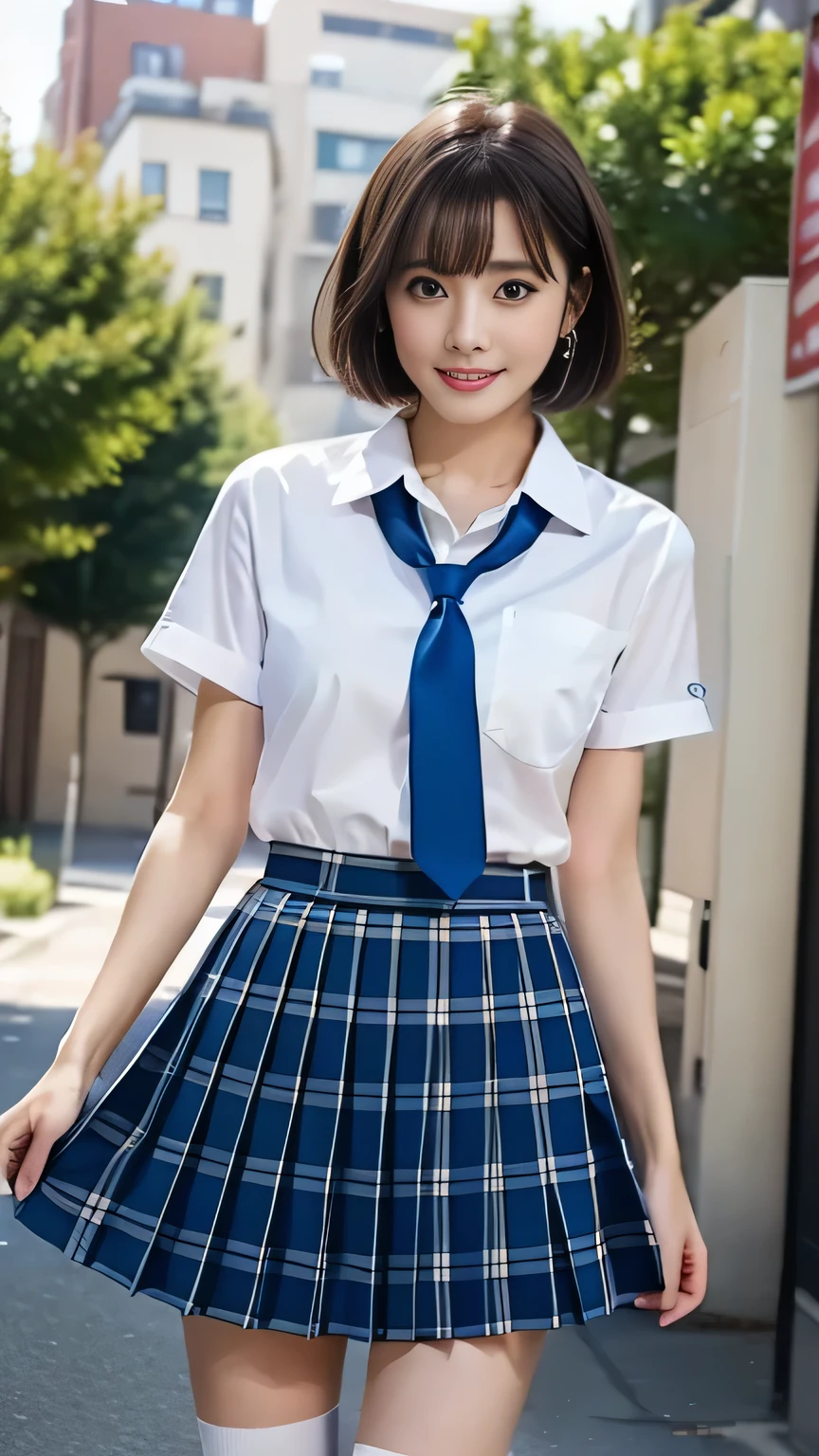 (high quality, 4K, 8k, High resolution, masterpiece), Cowboy Shot、Beautiful Japanese、Shiny black hair,、Beautiful short bob hair、Asymmetrical bangs, eye, Smooth and soft skin, Pale pink lips, Natural Makeup, A kind smile, White dress shirt BREAK Blue ribbon tie BREAK Blue checkered pleated skirt, High resolutionの美しい太もも, blue sky, Professional Lighting, Professional Photographer, Low - Angle、Navy knee-high socks、