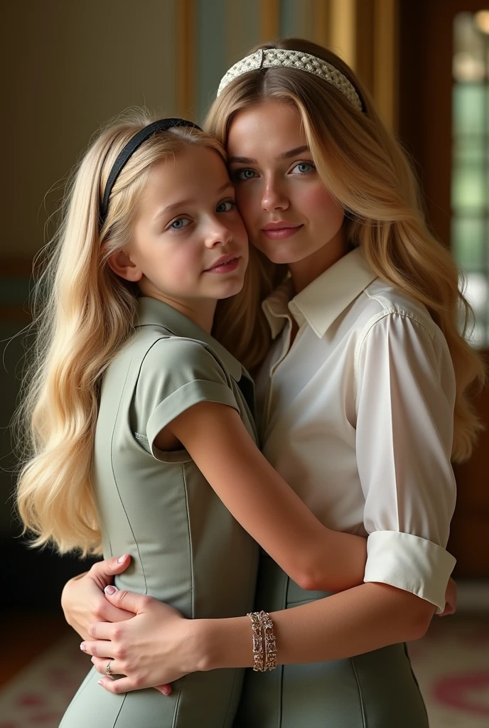 Blonde blue eyed girl resembling Blair Waldorf from Gossip Girl dressed as Blair Waldorf hugging an adult woman in the style of Lili Bass from Gossip Girl as mother and daughter