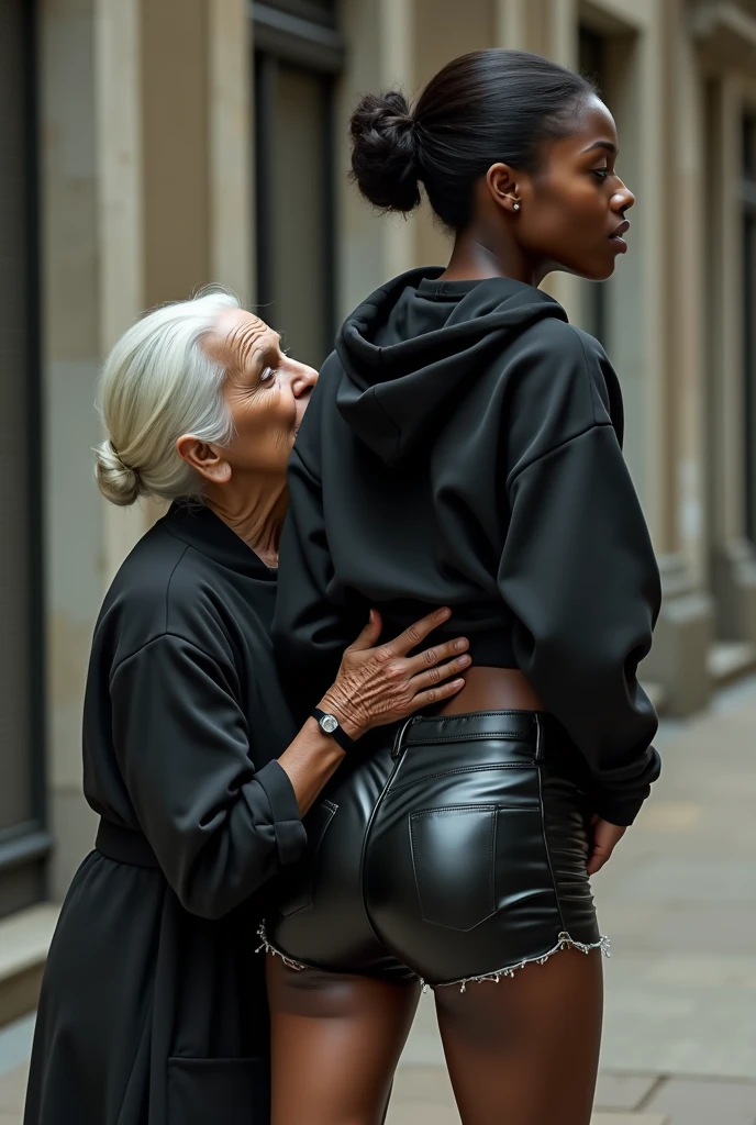 black woman hair in a bun black hoodie black leather short shorts rea;;y in shock as a old grandma in a dress on her knees kissing her ass behind her hand is in her ass holding her ass