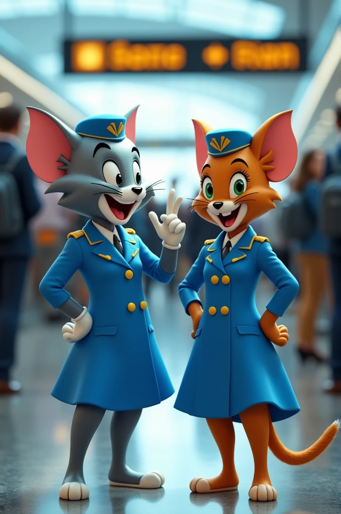 Tom and Jerry dressed as stewardesses in blue suits