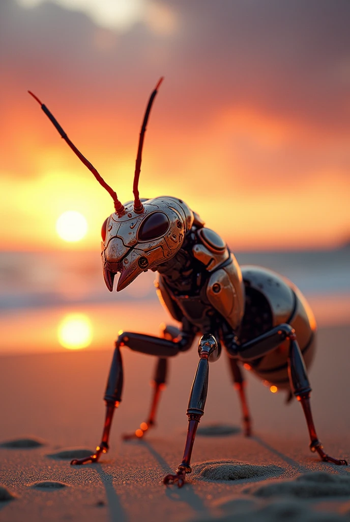 A fire ant with a cyborg glossy costume standing in beach at sunset