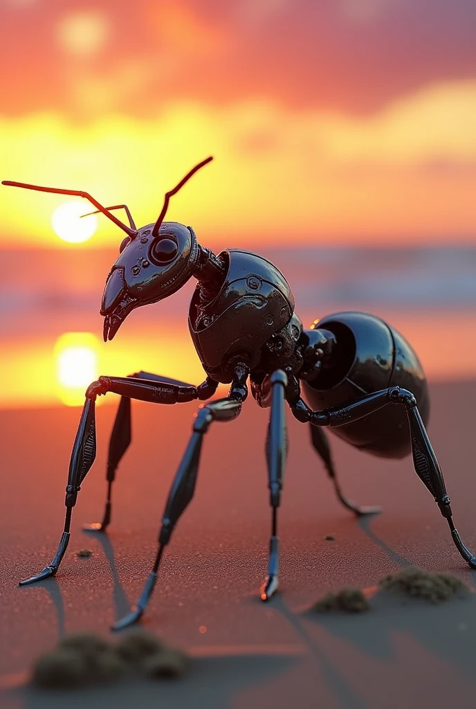 A fire ant with a cyborg glossy costume standing in beach at sunset