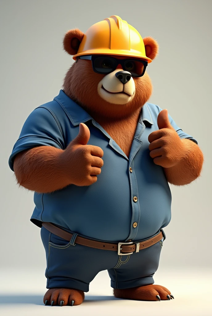 Brown bear, big fit ass, Stately, bonitas, stark, stylish, iron, wearing a construction helmet. sunglasses. Put on a pair of pants. put on a closed blue shirt put on a shoe. reduce belly. put a bigger head. Pixar-style. put your thumbs up. Take a close-up of the face. Don't be nice