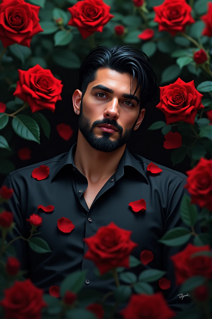 Generate the cover of an album called heartbreak, In this one I want a guy with Anuel&#39;s beard and haircut, lying in a rose garden